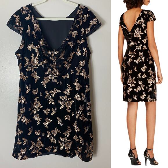 NWT CALVIN KLEIN DRESS 20W BLACK GOLD SEQUINS VELVET HOLIDAYS FESTIVE - Picture 2 of 15